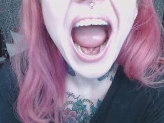 Pink haired lassie holds mouth wide make for you ;)